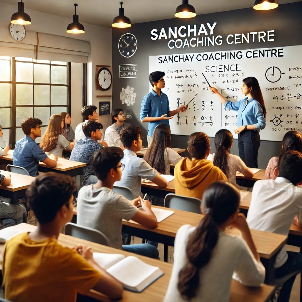 A-classroom-scene-at-Sanchay-Coaching-Centre-with-Class-9-students-attentively-listening-to-a-teacher-explaining-a-science-concept-on-a-whiteboard.